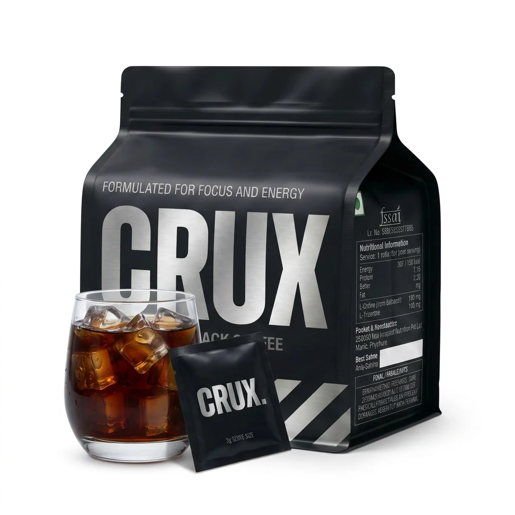 CRUX pouch with a single-serve sachet and a glass of iced black coffee