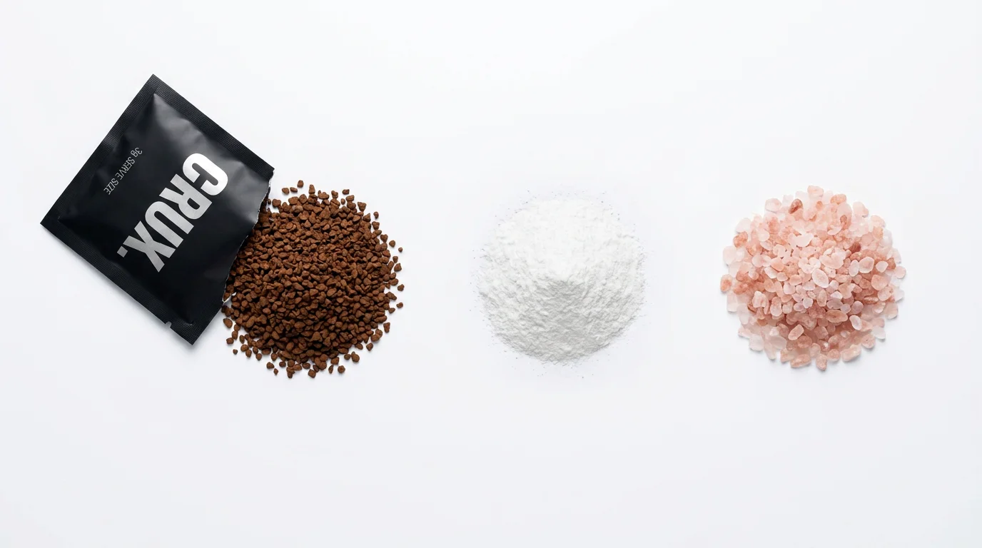 A torn CRUX sachet spilling coffee granules, beside a pile of white L-Theanine powder and a pile of pink Himalayan salt