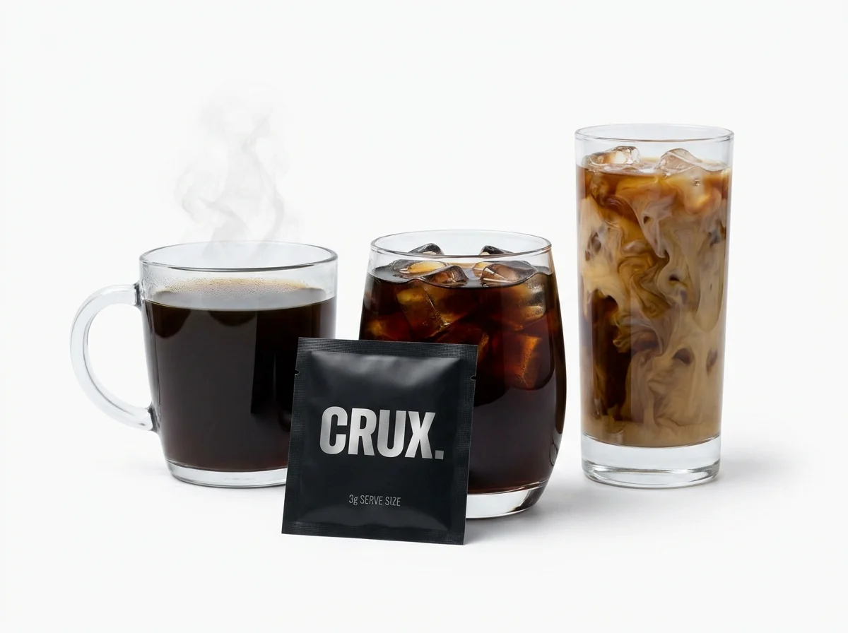 One CRUX sachet with three finished drinks: hot black coffee, iced black coffee and iced coffee with milk