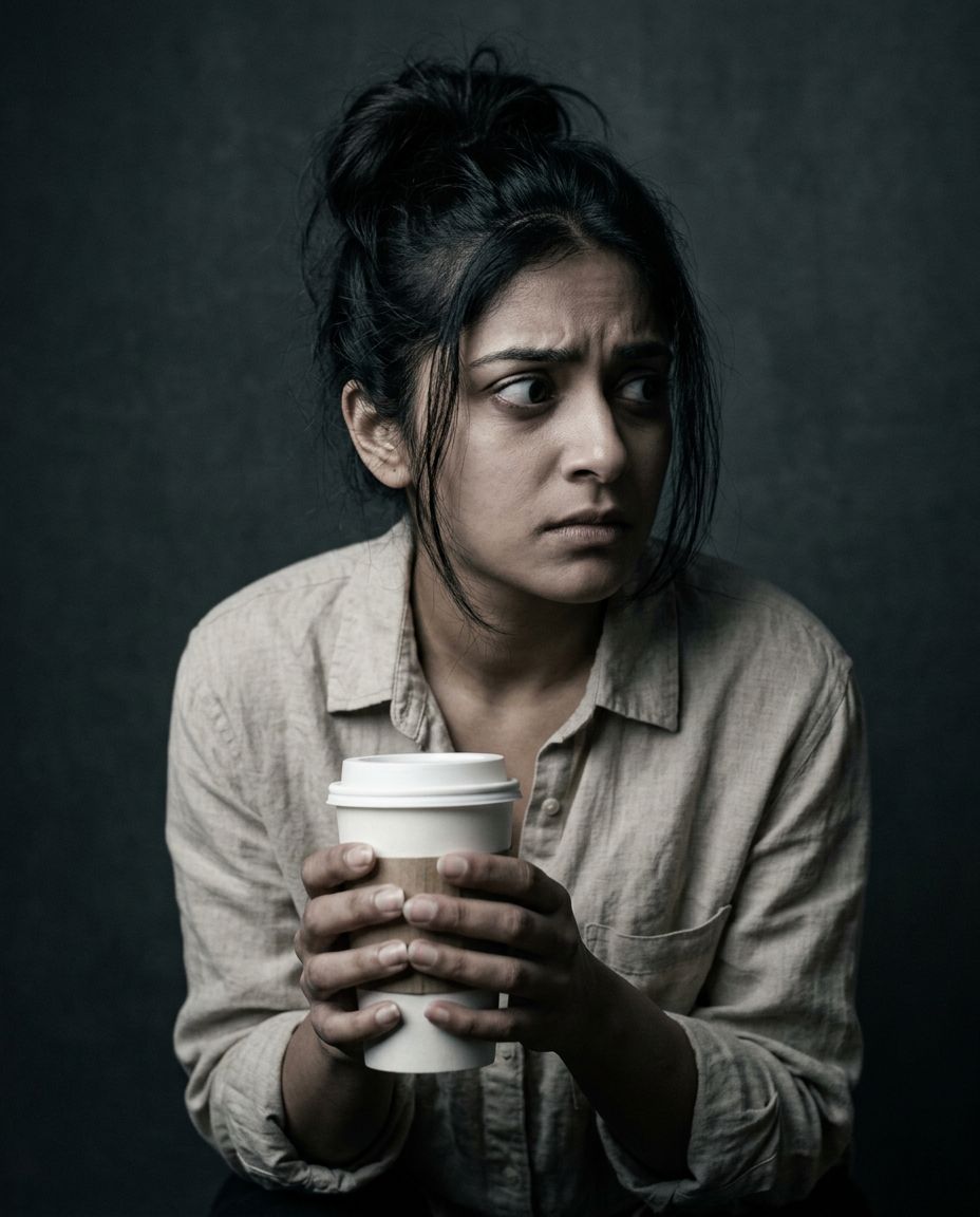 Jittery, anxious woman gripping a coffee cup