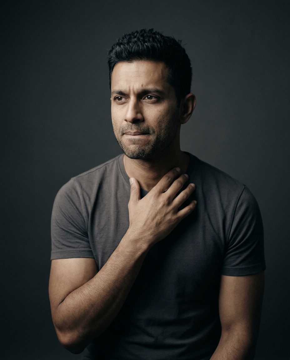 Anxious man with a hand on his chest feeling a racing heart