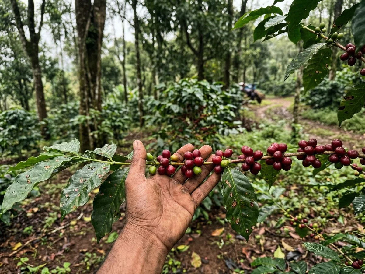 A coffee grower holding a branch of ripe coffee cherries in a shaded Coorg estate