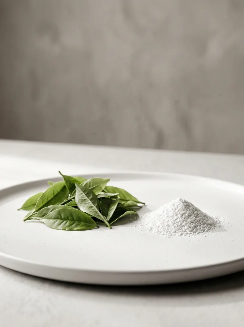 Fresh green tea leaves beside a small pile of fine white L-Theanine powder
