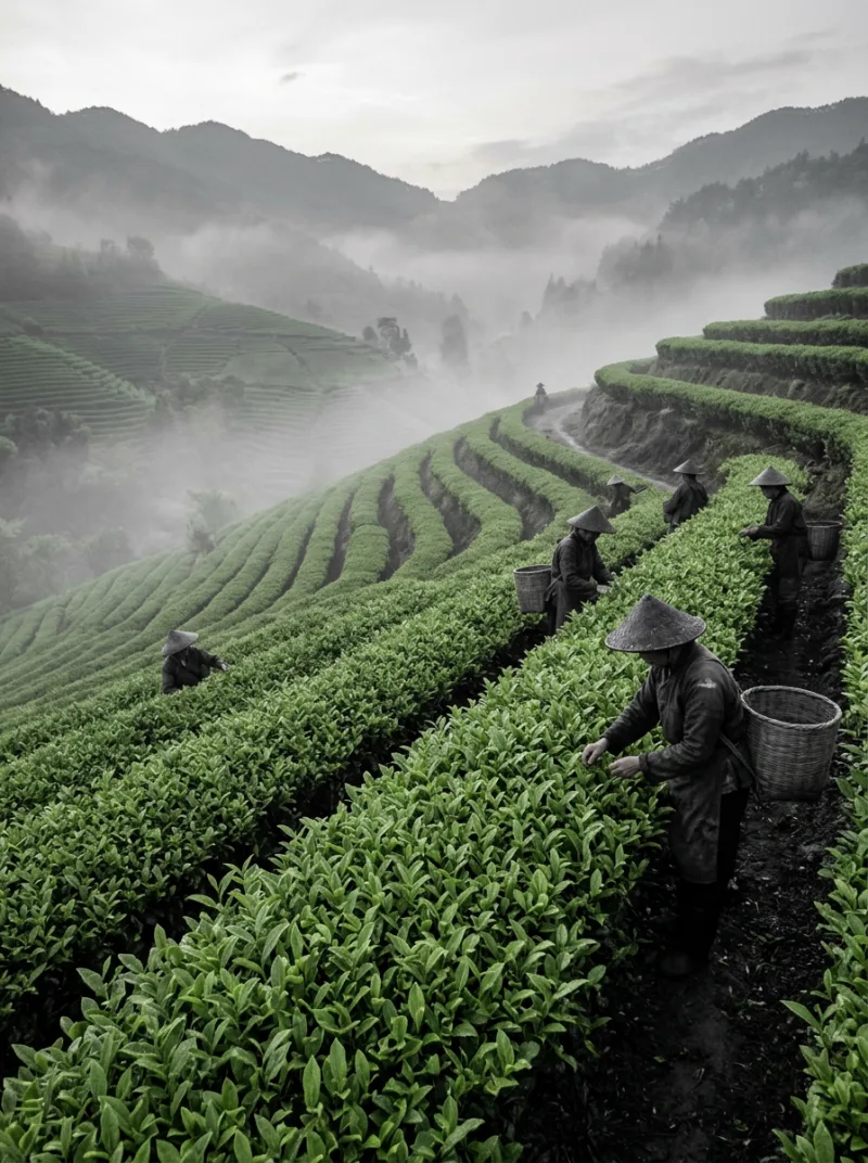 Rows of a green tea plantation on misty hills at dawn