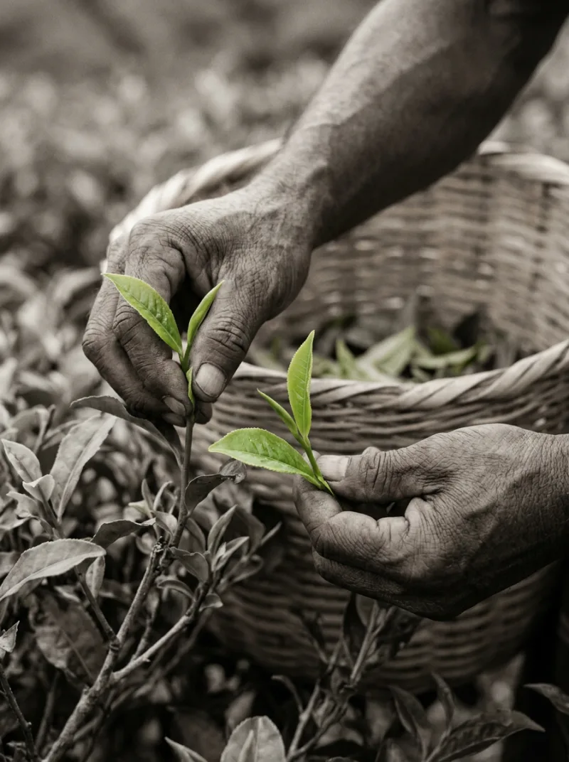 Hands gently plucking fresh green tea leaves from a tea bush